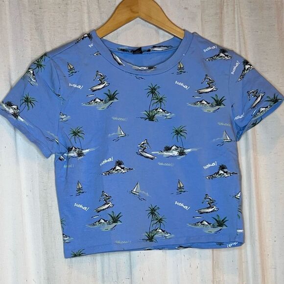 LARGE Crop Top ~ T-shirt ~ Forever 21 ~ Blue W Palm Trees ~ EUC - Picture 3 of 4